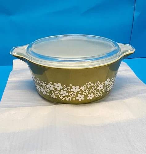 Vintage PYREX Baking Casserole Ovenware Dish 475-B 2 1/2 QT Spring Blossom Green