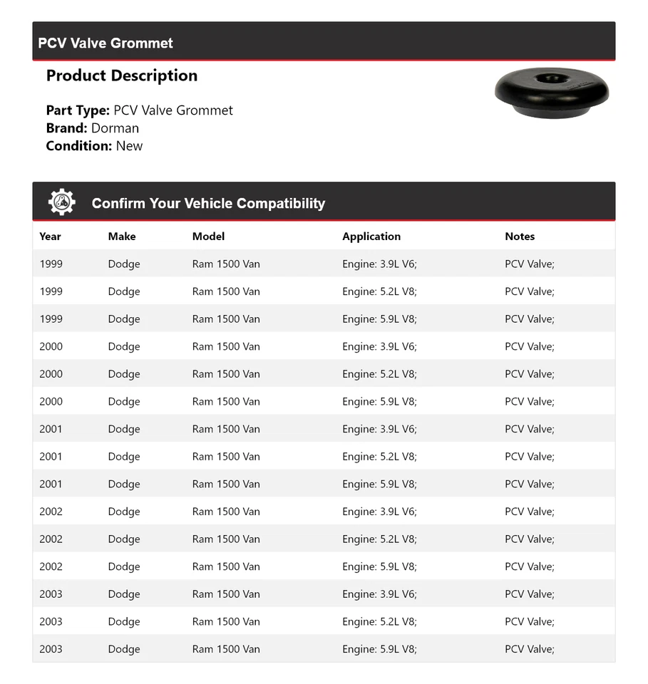 Ojal de válvula PCV para Dodge Ram 1500 Van Dorman 1999-2003 2000 2001 2002 Foto 2 de 4