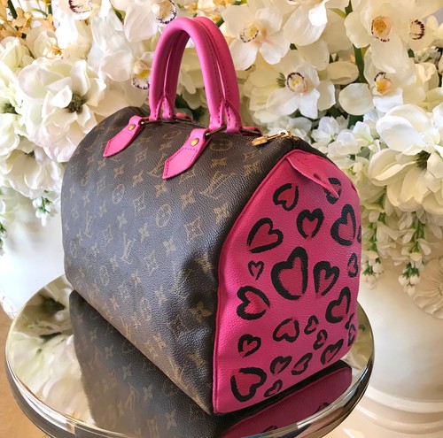 Louis Vuitton Speedy 30 Monogram Custom Painted Pink Leopard Heart Pattern