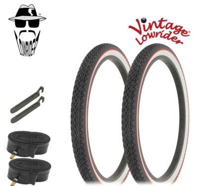 LOWRIDER TIRES 24 x 2.125 BLACK/WHITE RED LINE HF-133 W/TUBES & TIRE LEVERS