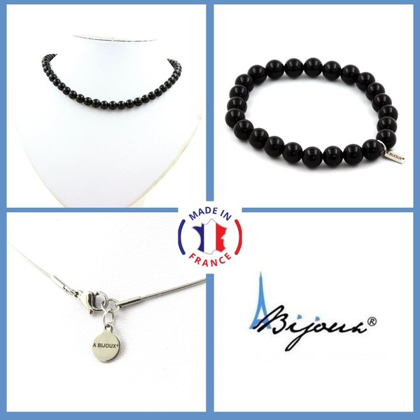 Schmuckset Armband Halskette Perlen Achat Schwarz 8 Mm. Kette In GrößE Person-image