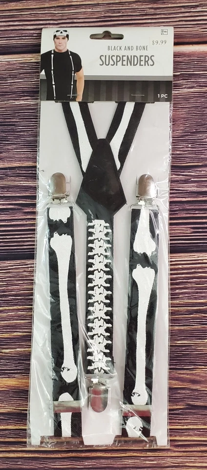 Black And Bone Suspenders Mens Adult Skeleton Halloween Costume NEW - Image 2 of 4