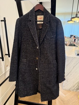 BoB Mens Bouclé Tweed Wool Alpaca Topcoat Navy Long Coat Made in Italy Sz 52 L