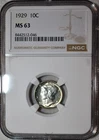 NGC MS-63 1929-P Mercury Dime, Blazing, Frosty specimen.