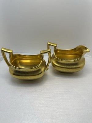 Antique Circa 1910/30 Hand Painted Gold Pickard Creamer and Sugar Art Deco