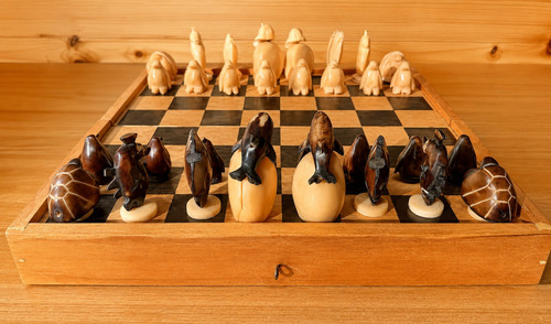 Vintage Ecuador Tagua Nut Marine Life Chess Set Hand Carved Folding Board