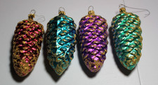 Lot Of 4 West Germany Blown Glass Pinecone Christmas Ornaments Glitter Frost