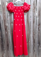LalaCat Elegant Long Red Cocktail Party Dress Pearl Clusters , Puff Sleeve M
