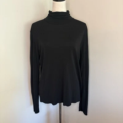 Eileen Fisher Black 100% Silk Jersey Turtleneck Top Sz Large Long Sleeve Classic