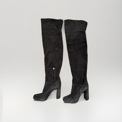 Prada Over The Knee Boots Black Suede Block Heel Women EU 38.5 Authentic