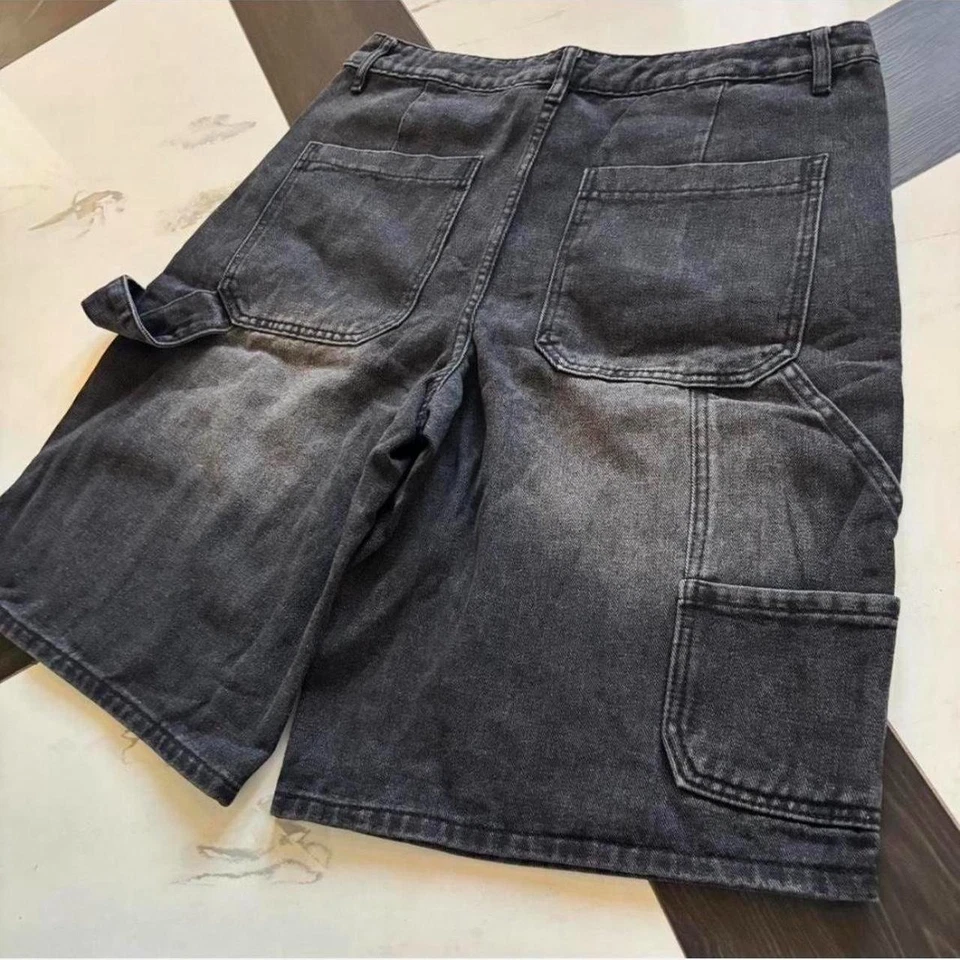 Pantalones cortos holgados lavados negros - Pantalones cortos vaqueros vintage Y2K streetwear corte skater años 2000 Foto 3 de 4