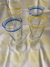Tall Pilsner Beer Glasses Clear With Hand Painted Stripes 8 OZ Set of 4 Unused