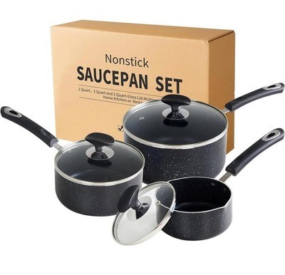 RATWIA 3-Pc Nonstick Saucepan Set w/ Glass Lids - 1, 2, 3 Quart Pots