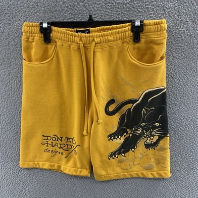 Ed Hardy Shorts Men Medium Yellow Sweat Fleece Tattoo Panther Designer Y2K