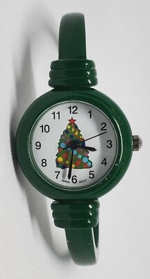 Ladies Geneva Platinum Green Christmas Tree on Dial Cuff 