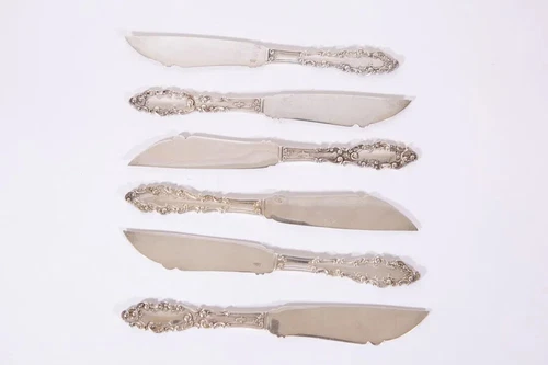ANTIQUE GORHAM 1893 LUXEMBOURG SET of 6 STERLING SILVER SOLID FISH KNIVES