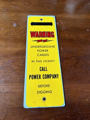 Vintage 12'' Warning Underground Power Cables Metal Sign Lightening Bolt Logo Old