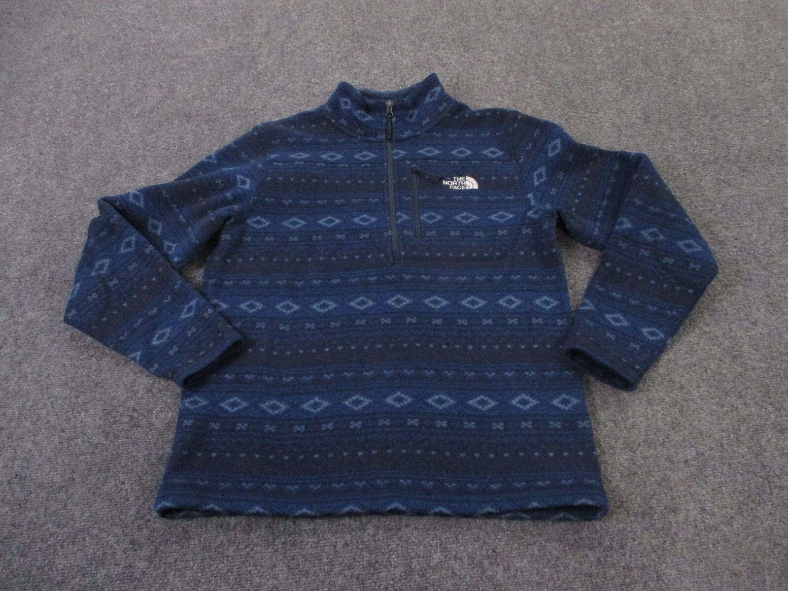 North Face Jacket Mens M Blue Striped Aztec Fleece Outdoors Hiking Sweater Work
