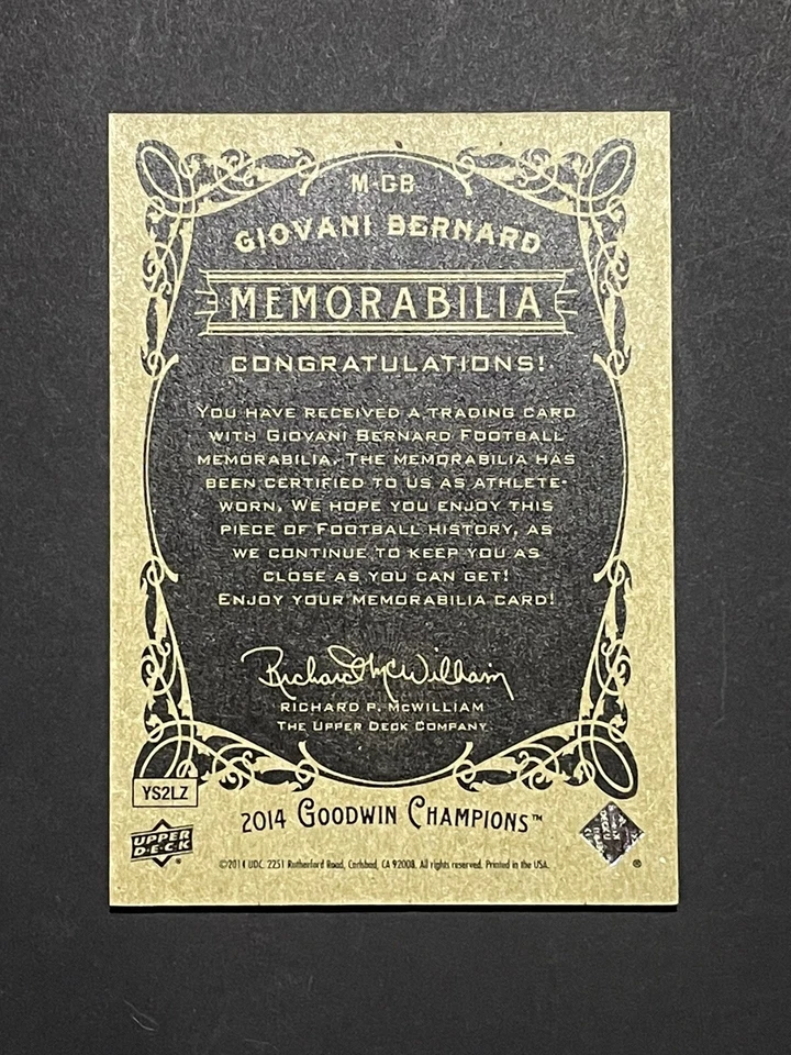 2014 Goodwin Champions Giovani Bernard Jersey Patch Card #M-GB - Bengals - Image 2 of 2