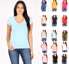 Women's Basic V-Neck T-Shirt Soft Cotton Knit Short Sleeve Solid Plain Top