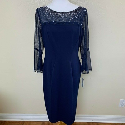 alex evenings illusion mesh bell sleeve crepe sheath dress