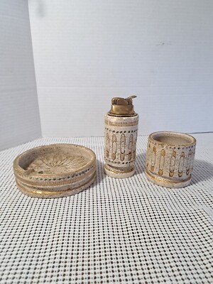 Table Lighter, Cigarette Cup,  & Ashtray Chips & Glued Cracks On Lighter Holder