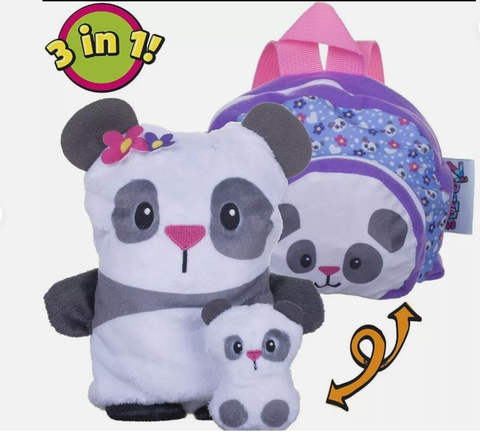 Zipstas 3-In-1 Reversible Mini Backpack With Soft Toy Plush Panda - New