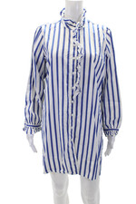 J Crew Womens Cotton Striped Ruffle Buttoned Collar Shirt Dress White Blue Sz 8