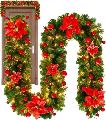 9FT Christma Garland Decoration Fireplace Stair Artificial Wreath Bushy Pine Red