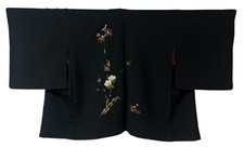 VINTAGE JAPANESE KIMONO HAORI JACKET BLACK FLORAL GOLD FOIL EMBROIDERY WITH TIE