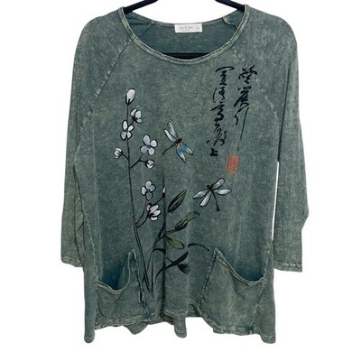 Jess & Jane Top Womens Medium Dragonfly Tunic Cotton USA Artsy Boho Pockets