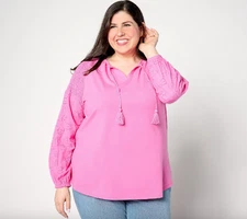 Belle by Kim Gravel Eyelet Everything Mixed Media Top , Pink Sz M a637449
