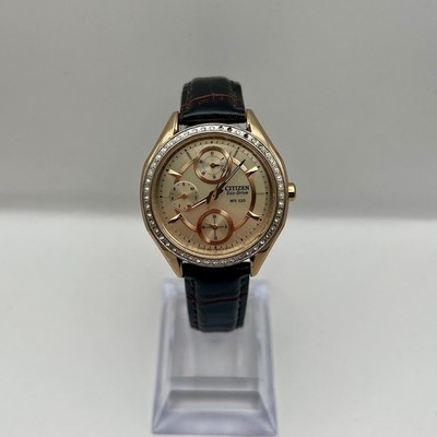 Citizen Eco-Drive Silhouette Crystal Gold Ladies Watch Multi Dial Leather Strap
