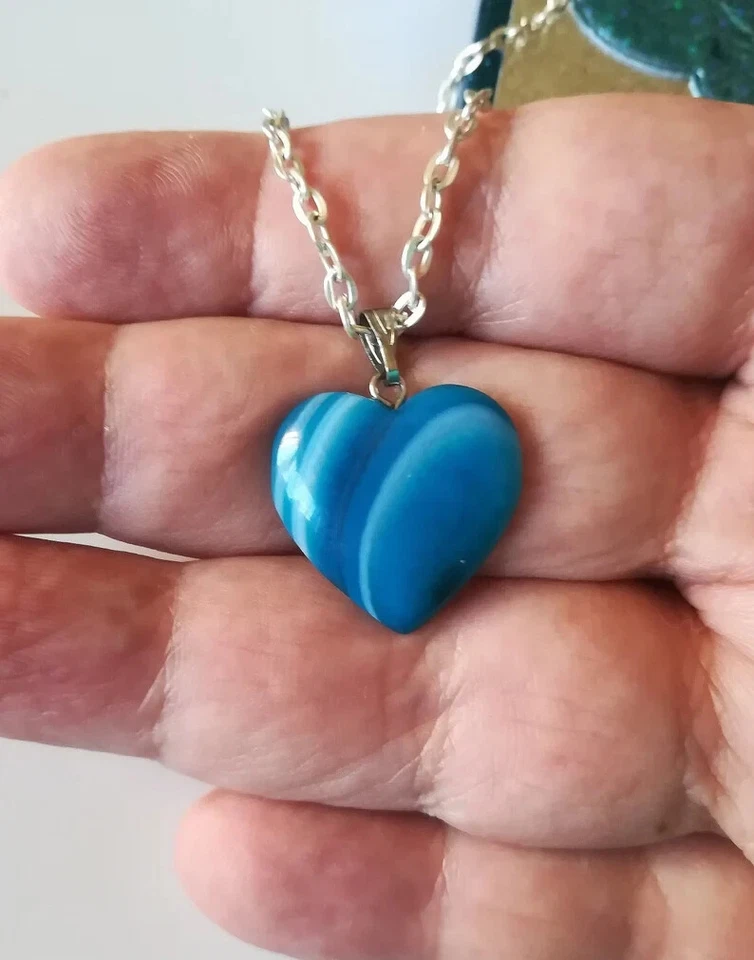 COLLANA DONNA CUORE DI AGATA BLU NATURALE E ARGENTO 925, CIONDOLO AGATA AZZURRA - Immagine 4 di 4