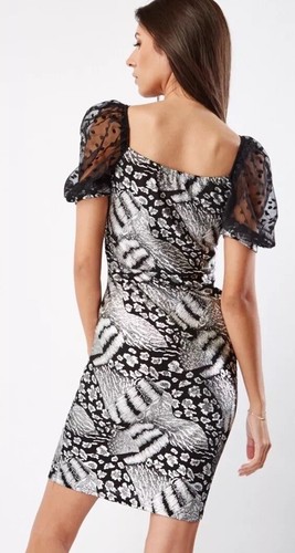 Silver Black Party Dress Lace Puff Sleeves Off Shoulder 12/14 M/L BNWT - Picture 3 of 3