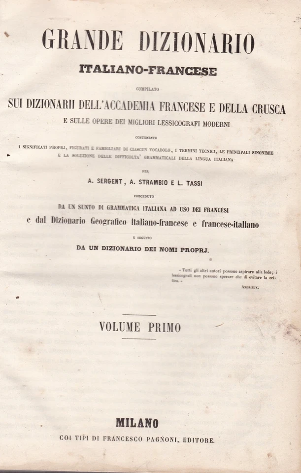 Cas - Grande Dizionario Italiano Francese Vol. 1 Pagnoni 1866 - Immagine 4 di 4