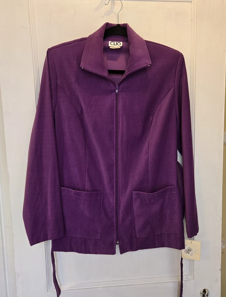VTG W/ Tags Clio Women's Belted Light Jacket Full Zip Suede Feel Purple Medium - Image 2 of 4