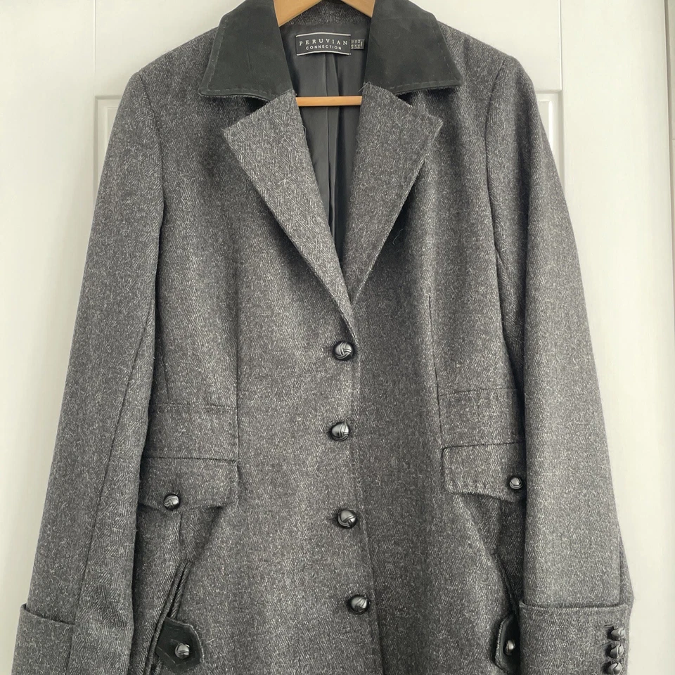 Peruvian Connection Coat Black Baby Alpaca Wool Mix Size 16 Uk Suede Collar - Image 2 of 4