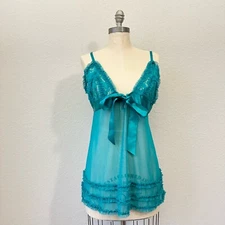 FREDERICK'S OF HOLLYWOOD Cami Slip Dress Womens XL Green Ruffled Sheer Nightgown