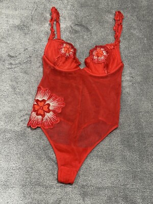 Malizia by La Perla Vtg Bodysuit Body Underwear Thong Mesh Embroidery Floral Sz2