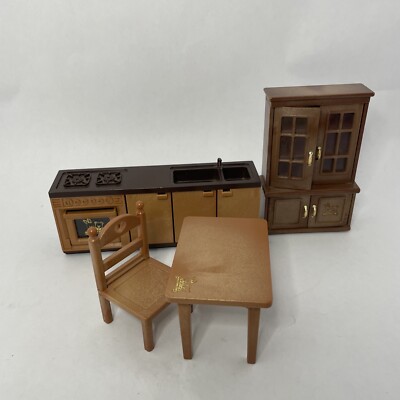 Vintage Sylvanian Families Maple Town Story Kitchen Oven Sink Table Chair Lot