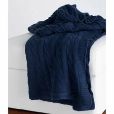 NEW RIZZY HOME CABLE KNIT COTTON THROW 50" X 60" BLUE WITH BONUS ACCENT PILLOW