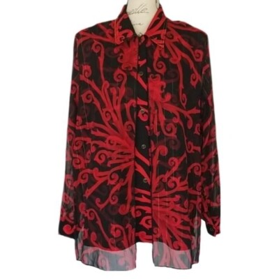 Sateen Dress Shirt in Red Black Elegant Print Sateen and Silver Threads Shimmer
