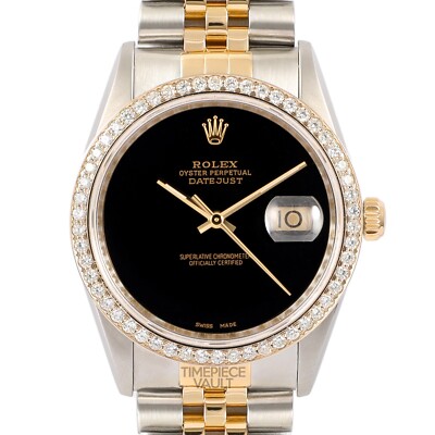 ROLEX DATEJUST 16233 GOLD & STEEL 36MM WATCH BLACK ONYX DIAL 18K