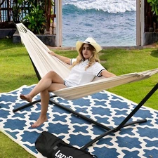 Classic Canvas Hammock with 9 ft Steel Stand and Head Pillow 450 Pounds Capacity