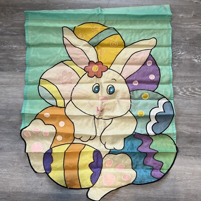 Vtg Bunny Easter Eggs Yard Flag 28x 40'' Embroidered NylonSpring Reversible READ