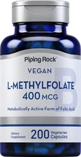 L MethylFolate 400 mcg | 200 Capsules | Vegetarian | Non-GMO | by Piping Rock