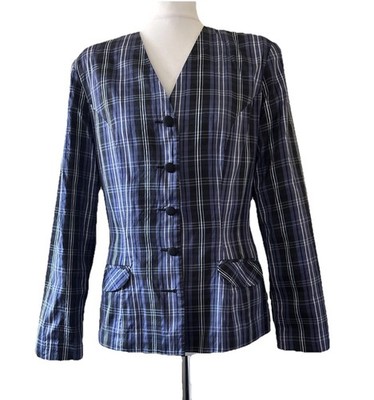 Vintage 100% Seide MONSOON Twilight Blue Tartan Check Abendjacke 1990er Y2K 