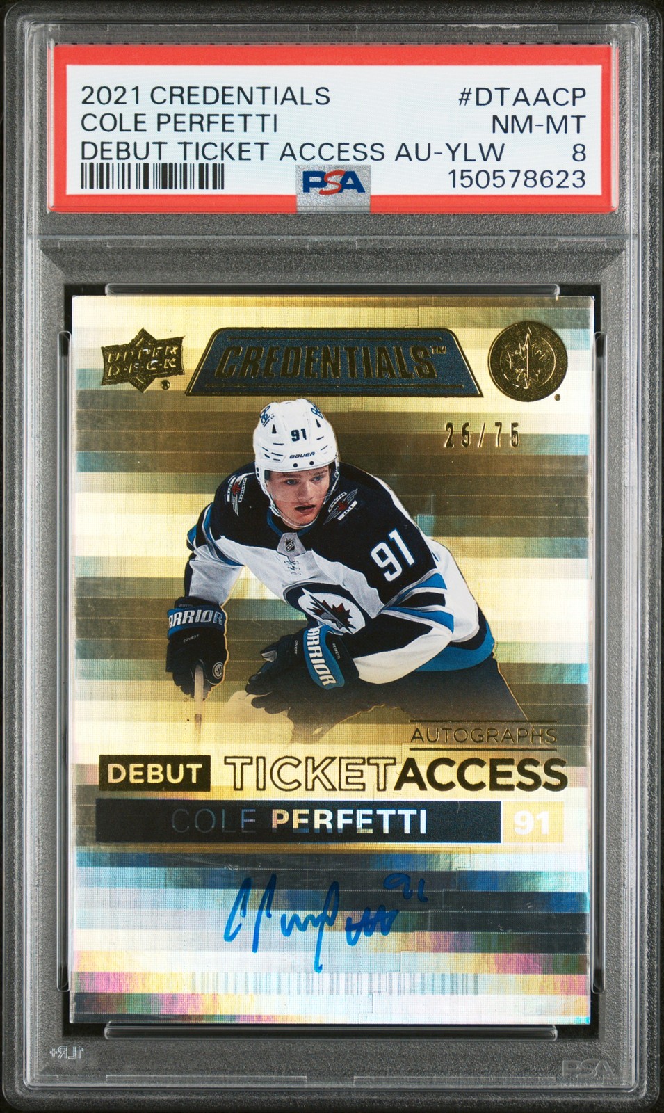 2021-2022 UD CREDENTIALS DEBUT TICKET ACCESS AUTO COLE PERFETTI ROOKIE /75 PSA 8