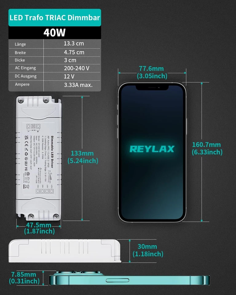 REYLAX LED Trafo 12V 40W Dimmbar Triac & 0/1-10V 3.33A Dimmbar Netzteil 230V auf - Bild 3 von 4